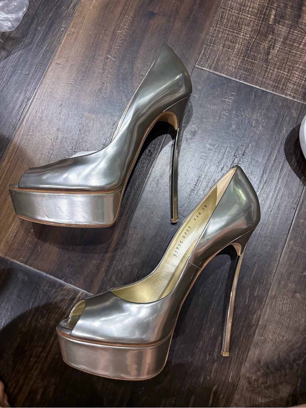 CASADEI- Metallic Silver High Heel Peep-Toe Platform Pumps